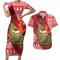 New Zealand Kakapo Christmas In July Couples Matching Short Sleeve Bodycon Dress and Hawaiian Shirt Silver Fern Santa Xmas Red Color LT22 Red - Polynesian Pride