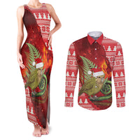 New Zealand Kakapo Christmas In July Couples Matching Tank Maxi Dress and Long Sleeve Button Shirt Silver Fern Santa Xmas Red Color LT22 Red - Polynesian Pride