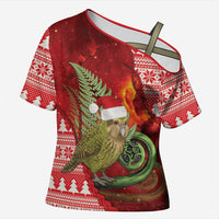 New Zealand Kakapo Christmas In July Cross Shoulder Shirt Silver Fern Santa Xmas Red Color LT22 Female Red - Polynesian Pride