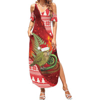New Zealand Kakapo Christmas In July Family Matching Summer Maxi Dress and Hawaiian Shirt Silver Fern Santa Xmas Red Color LT22 Mom's Dress Red - Polynesian Pride