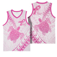 Breast Cancer Awareness Personalised Basketball Jersey Pink Ribbon Turtle Polynesian Pattern White