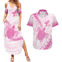Breast Cancer Awareness Personalised Couples Matching Summer Maxi Dress and Hawaiian Shirt Pink Ribbon Turtle Polynesian Pattern White LT22 Pink - Polynesian Pride