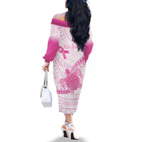 Breast Cancer Awareness Personalised Family Matching Off The Shoulder Long Sleeve Dress and Hawaiian Shirt Pink Ribbon Turtle Polynesian Pattern White