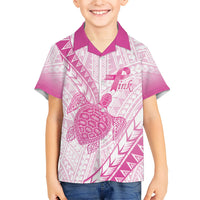 Breast Cancer Awareness Personalised Family Matching Off The Shoulder Long Sleeve Dress and Hawaiian Shirt Pink Ribbon Turtle Polynesian Pattern White