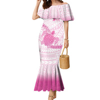 Breast Cancer Awareness Personalised Mermaid Dress Pink Ribbon Turtle Polynesian Pattern White