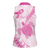 Breast Cancer Awareness Personalised Women Sleeveless Polo Shirt Pink Ribbon Turtle Polynesian Pattern White