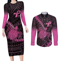 Breast Cancer Awareness Personalised Couples Matching Long Sleeve Bodycon Dress and Long Sleeve Button Shirt Pink Ribbon Turtle Polynesian Pattern Black LT22 Pink - Polynesian Pride