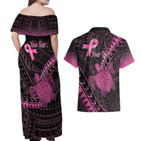 Breast Cancer Awareness Personalised Couples Matching Off Shoulder Maxi Dress and Hawaiian Shirt Pink Ribbon Turtle Polynesian Pattern Black LT22 - Polynesian Pride