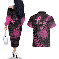 Breast Cancer Awareness Personalised Couples Matching Off The Shoulder Long Sleeve Dress and Hawaiian Shirt Pink Ribbon Turtle Polynesian Pattern Black LT22 - Polynesian Pride