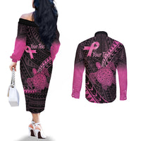 Breast Cancer Awareness Personalised Couples Matching Off The Shoulder Long Sleeve Dress and Long Sleeve Button Shirt Pink Ribbon Turtle Polynesian Pattern Black LT22 - Polynesian Pride