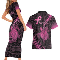 Breast Cancer Awareness Personalised Couples Matching Short Sleeve Bodycon Dress and Hawaiian Shirt Pink Ribbon Turtle Polynesian Pattern Black LT22 - Polynesian Pride