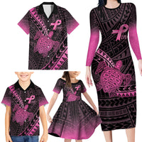 Breast Cancer Awareness Personalised Family Matching Long Sleeve Bodycon Dress and Hawaiian Shirt Pink Ribbon Turtle Polynesian Pattern Black