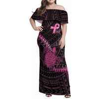 Breast Cancer Awareness Personalised Family Matching Off Shoulder Maxi Dress and Hawaiian Shirt Pink Ribbon Turtle Polynesian Pattern Black