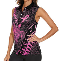 Breast Cancer Awareness Personalised Women Sleeveless Polo Shirt Pink Ribbon Turtle Polynesian Pattern Black