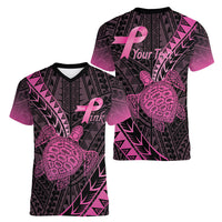 Breast Cancer Awareness Personalised Women V-Neck T-Shirt Pink Ribbon Turtle Polynesian Pattern Black