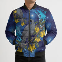 New Zealand Kokako Bird Bomber Puffer Jacket Kowhai Galaxy Style Polynesian Pattern