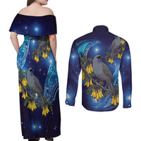 New Zealand Kokako Bird Couples Matching Off Shoulder Maxi Dress and Long Sleeve Button Shirt Kowhai Galaxy Style Polynesian Pattern