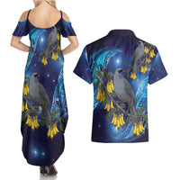New Zealand Kokako Bird Couples Matching Summer Maxi Dress and Hawaiian Shirt Kowhai Galaxy Style Polynesian Pattern