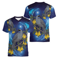 New Zealand Kokako Bird Women V-Neck T-Shirt Kowhai Galaxy Style Polynesian Pattern