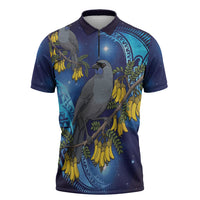 New Zealand Kokako Bird Zipper Polo Shirt Kowhai Galaxy Style Polynesian Pattern