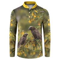 New Zealand Kaka Bird Button Sweatshirt Kowhai Flower Landscape Style