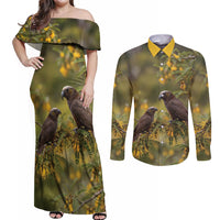 New Zealand Kaka Bird Couples Matching Off Shoulder Maxi Dress and Long Sleeve Button Shirt Kowhai Flower Landscape Style