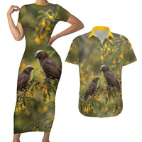 New Zealand Kaka Bird Couples Matching Short Sleeve Bodycon Dress and Hawaiian Shirt Kowhai Flower Landscape Style LT22 Green - Polynesian Pride