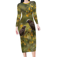 New Zealand Kaka Bird Family Matching Long Sleeve Bodycon Dress and Hawaiian Shirt Kowhai Flower Landscape Style LT22 Mom's Dress Green - Polynesian Pride