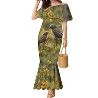 New Zealand Kaka Bird Family Matching Mermaid Dress and Hawaiian Shirt Kowhai Flower Landscape Style LT22 Mom's Dress Green - Polynesian Pride