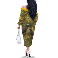 New Zealand Kaka Bird Family Matching Off The Shoulder Long Sleeve Dress and Hawaiian Shirt Kowhai Flower Landscape Style LT22 - Polynesian Pride