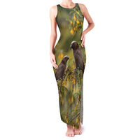 New Zealand Kaka Bird Family Matching Tank Maxi Dress and Hawaiian Shirt Kowhai Flower Landscape Style LT22 Mom's Dress Green - Polynesian Pride