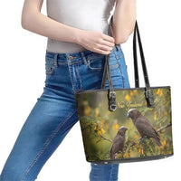 New Zealand Kaka Bird Leather Tote Bag Kowhai Flower Landscape Style