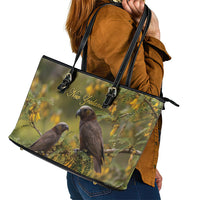 New Zealand Kaka Bird Leather Tote Bag Kowhai Flower Landscape Style