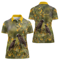 New Zealand Kaka Bird Women Polo Shirt Kowhai Flower Landscape Style