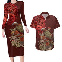 New Zealand Kaka Bird Personalised Couples Matching Long Sleeve Bodycon Dress and Hawaiian Shirt Pohutukawa Matariki Maori Pattern
