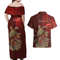 New Zealand Kaka Bird Personalised Couples Matching Off Shoulder Maxi Dress and Hawaiian Shirt Pohutukawa Matariki Maori Pattern