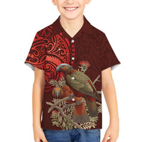 New Zealand Kaka Bird Personalised Family Matching Off Shoulder Short Dress and Hawaiian Shirt Pohutukawa Matariki Maori Pattern LT22 Son's Shirt Red - Polynesian Pride