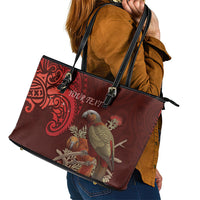 New Zealand Kaka Bird Personalised Leather Tote Bag Pohutukawa Matariki Maori Pattern
