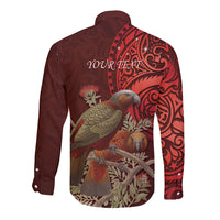 New Zealand Kaka Bird Personalised Long Sleeve Button Shirt Pohutukawa Matariki Maori Pattern