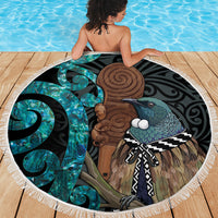 New Zealand Tui Bird Wahaika Beach Blanket Maori Weapon Paua Shell Koru Pattern