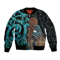 New Zealand Tui Bird Wahaika Bomber Jacket Maori Weapon Paua Shell Koru Pattern