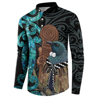 New Zealand Tui Bird Wahaika Button Sweatshirt Maori Weapon Paua Shell Koru Pattern