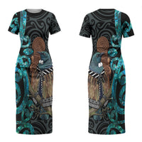 New Zealand Tui Bird Wahaika Couples Matching Short Sleeve Bodycon Dress and Long Sleeve Button Shirt Maori Weapon Paua Shell Koru Pattern