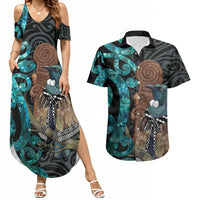 New Zealand Tui Bird Wahaika Couples Matching Summer Maxi Dress and Hawaiian Shirt Maori Weapon Paua Shell Koru Pattern