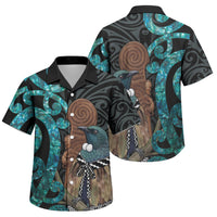 New Zealand Tui Bird Wahaika Family Matching Off The Shoulder Long Sleeve Dress and Hawaiian Shirt Maori Weapon Paua Shell Koru Pattern