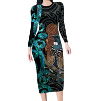 New Zealand Tui Bird Wahaika Long Sleeve Bodycon Dress Maori Weapon Paua Shell Koru Pattern