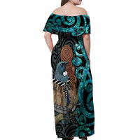 New Zealand Tui Bird Wahaika Off Shoulder Maxi Dress Maori Weapon Paua Shell Koru Pattern