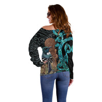 New Zealand Tui Bird Wahaika Off Shoulder Sweater Maori Weapon Paua Shell Koru Pattern