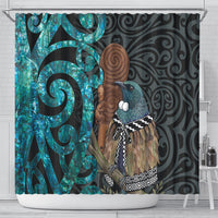 New Zealand Tui Bird Wahaika Shower Curtain Maori Weapon Paua Shell Koru Pattern