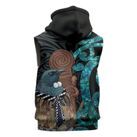 New Zealand Tui Bird Wahaika Sleeveless Zip Hoodie Maori Weapon Paua Shell Koru Pattern